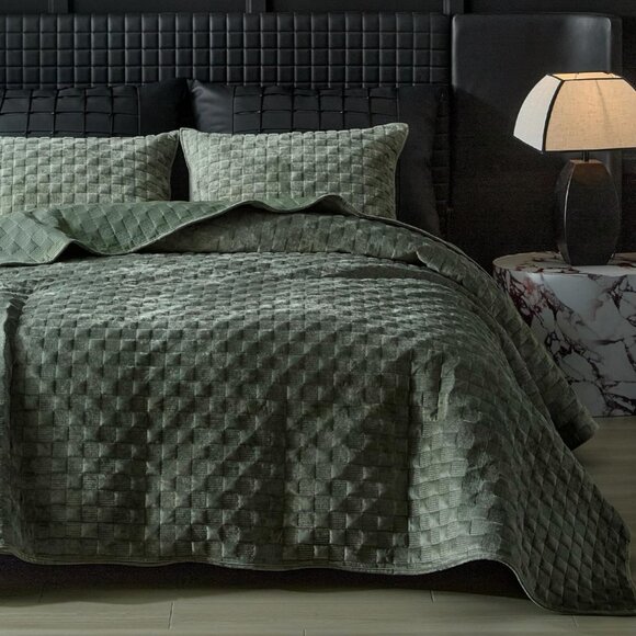 Velvet Quilt Set Green Textured Basketweave Coverlet Luxury Sage Olive Quiet Lux - Picture 1 of 4